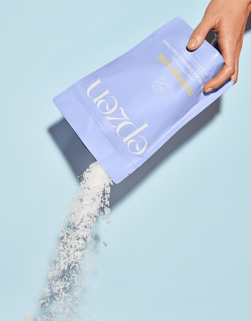 Lavender Epzen wellness packaging against a pale blue background